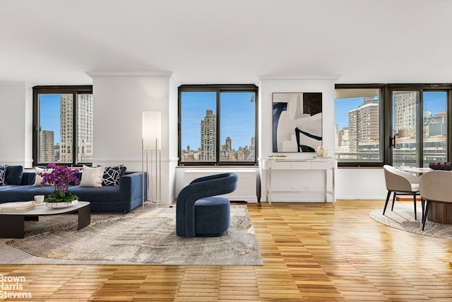 living area with a skyline view, ornamental molding, plenty of natural light, and wood finished floors