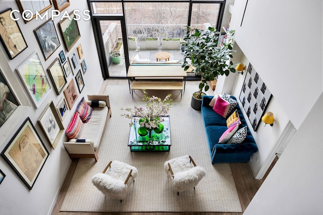 90 Furman St Unit N510, New York City, NY 11201 - living room featuring a high ceiling and wood finished floors