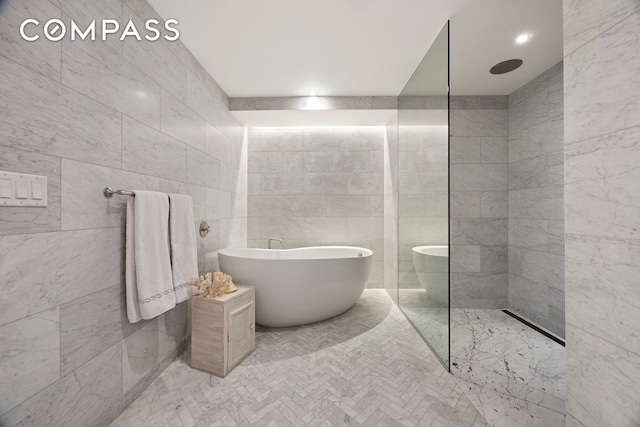 90 Furman St Unit N510, New York City, NY 11201 - full bath with tile walls, a freestanding bath, and a walk in shower