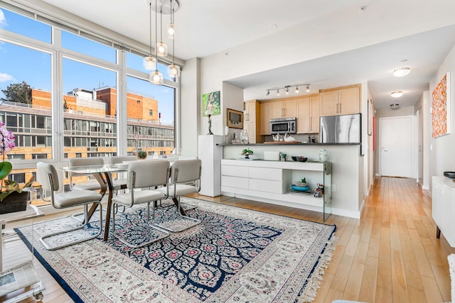 415 Main St Unit Ph-1G, New York City, NY 10044 - dining area with light wood-style flooring and track lighting