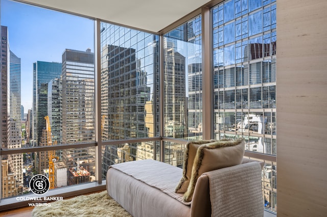 sitting room with a view of city, a wall of windows, and a wealth of natural light