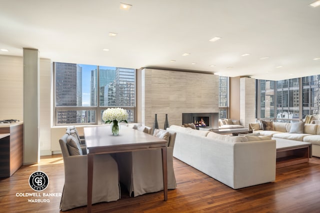 living room featuring a view of city, floor to ceiling windows, a large fireplace, and wood finished floors