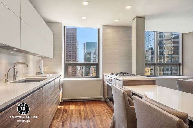 kitchen with modern cabinets, a city view, white cabinetry, a sink, and light wood finished floors