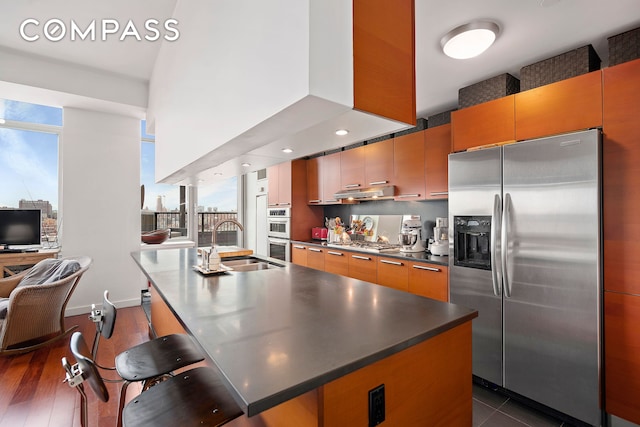 kitchen featuring stainless steel appliances, a sink, under cabinet range hood, a center island with sink, and dark countertops