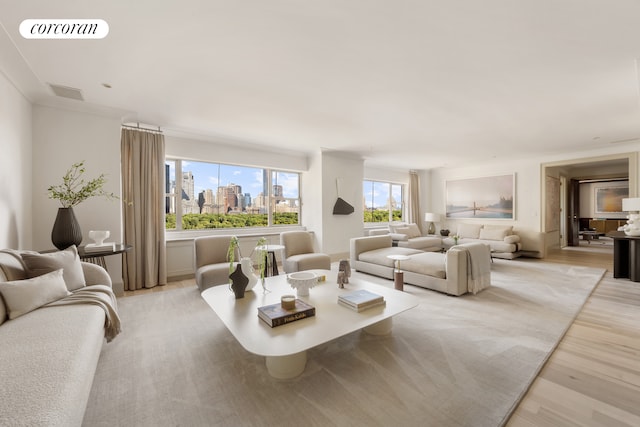 living room featuring light wood finished floors and a view of city