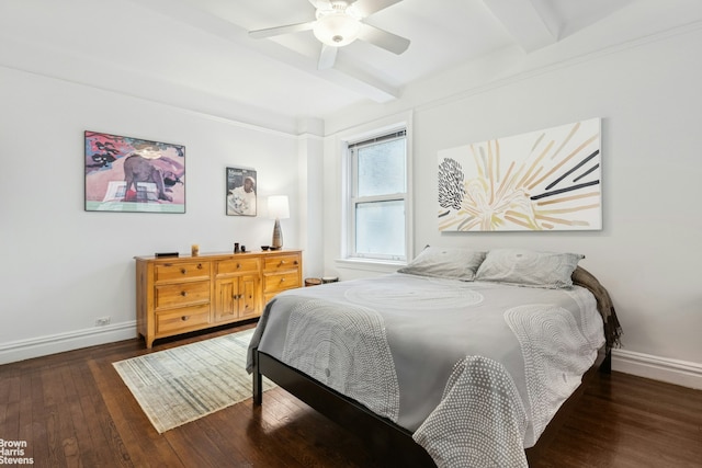 bedroom with baseboards, beam ceiling, wood-type flooring, and ceiling fan
