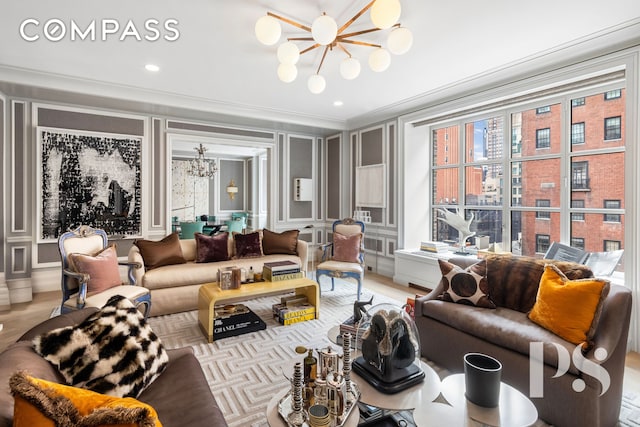 135 E 79th St Unit 8E, New York City, NY 10075 - living room with a decorative wall, a chandelier, ornamental molding, and recessed lighting