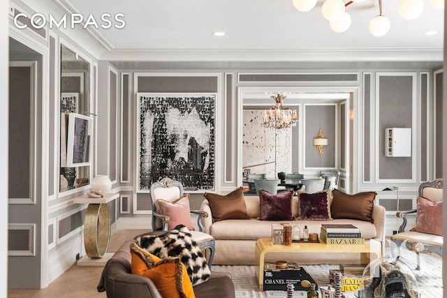135 E 79th St Unit 8E, New York City, NY 10075 - living area with a decorative wall, a chandelier, and ornamental molding
