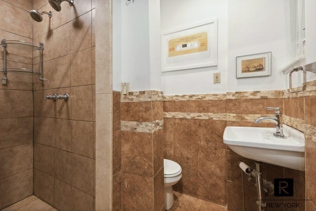 bathroom with a shower stall, tile walls, toilet, wainscoting, and a sink