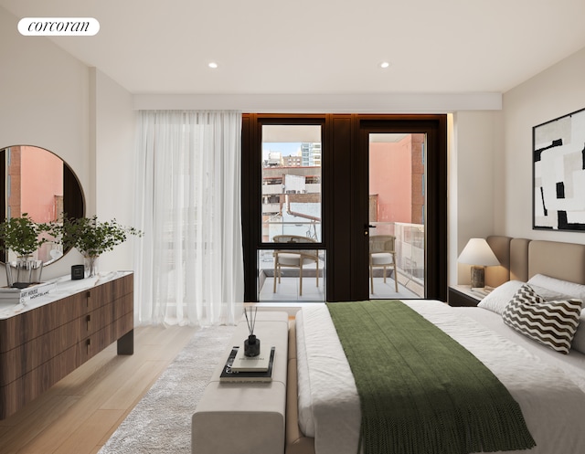 bedroom with light wood-style floors and recessed lighting