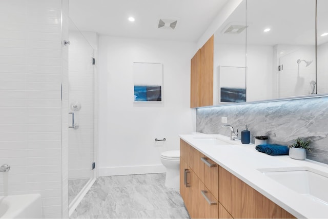 133 Bch 116th St Unit 3M, New York City, NY 11694 - bathroom featuring a sink, toilet, recessed lighting, baseboards, and a stall shower