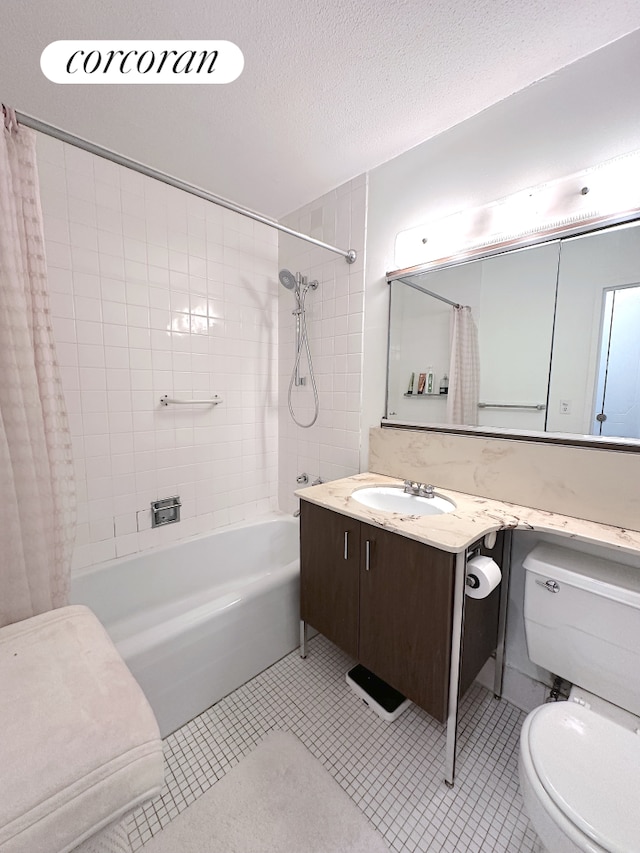 3333 Henry Hudson Pkwy Unit 8L, New York City, NY 10463 - full bathroom featuring shower / bathtub combination with curtain, vanity, tile patterned floors, and a textured ceiling