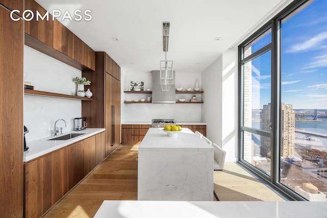 360 E 89th St Unit 29B, New York City, NY 10128 - kitchen featuring open shelves, a sink, exhaust hood, and modern cabinets