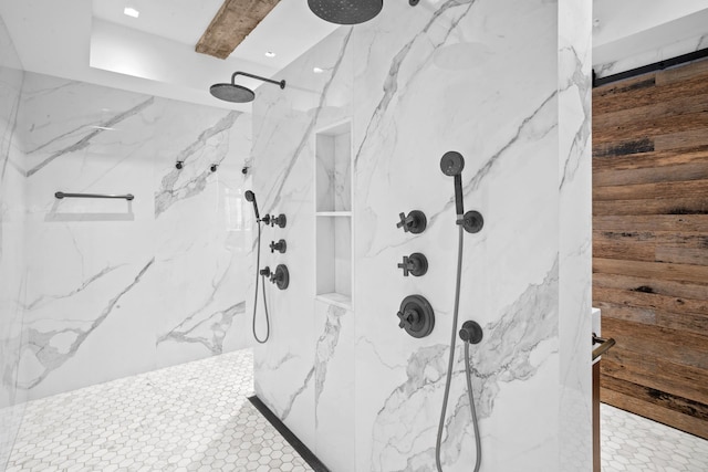 360 W 36th St Unit Ph12, New York City, NY 10018 - bathroom featuring a marble finish shower and recessed lighting
