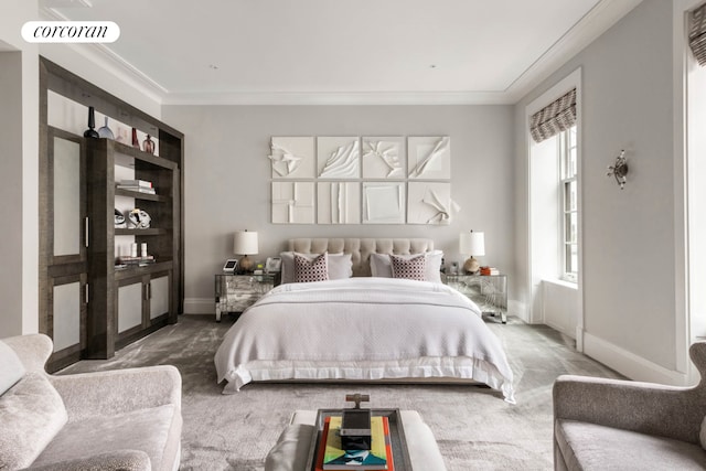 159 E 61st St, New York City, NY 10065 - carpeted bedroom featuring ornamental molding, multiple windows, and baseboards