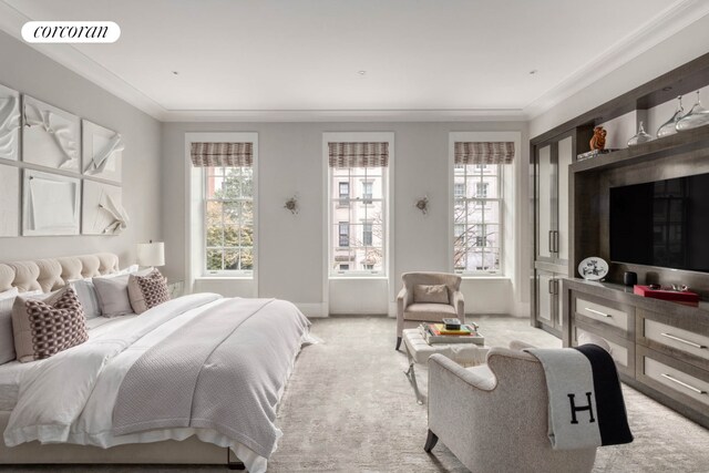 159 E 61st St, New York City, NY 10065 - bedroom featuring light carpet, ornamental molding, and baseboards
