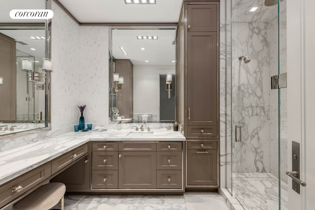 159 E 61st St, New York City, NY 10065 - full bathroom with marble finish flooring, a marble finish shower, and vanity