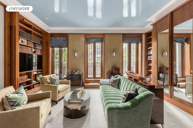 159 E 61st St, New York City, NY 10065 - living room with built in features, crown molding, and wood finished floors