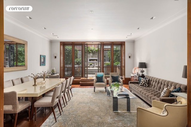 159 E 61st St, New York City, NY 10065 - living area featuring crown molding and wood finished floors