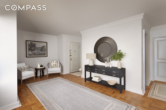 living area with crown molding and baseboards