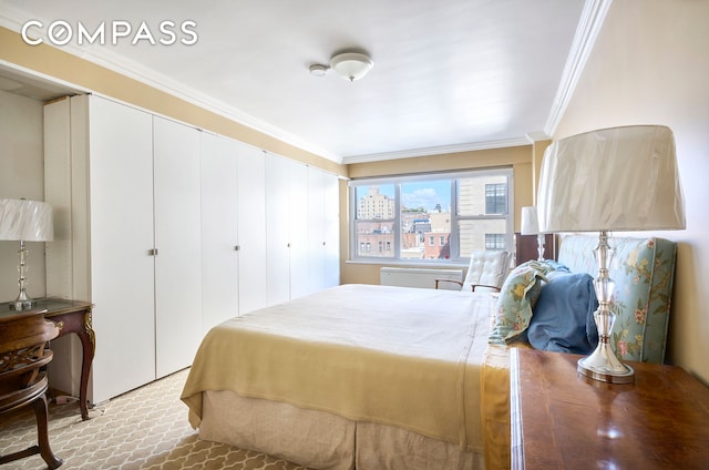 bedroom featuring a closet and ornamental molding