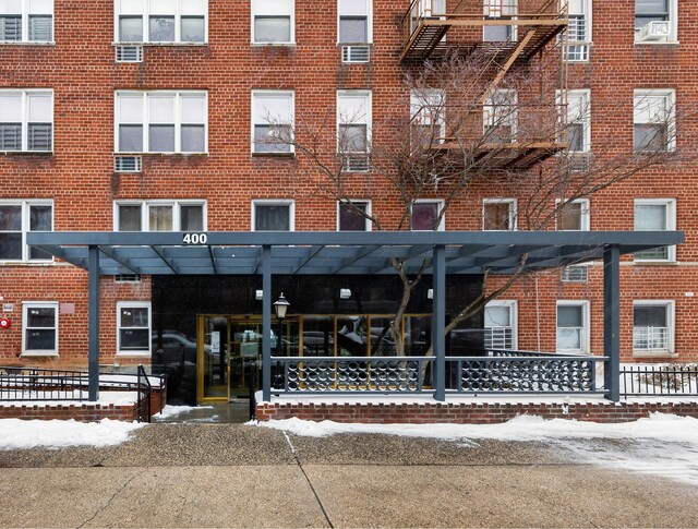 view of snow covered building