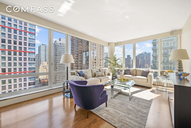 living area with a skyline view and wood finished floors