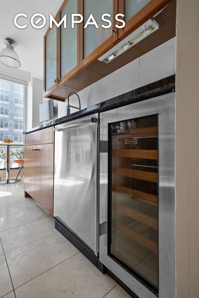 detailed view of beverage cooler and glass insert cabinets