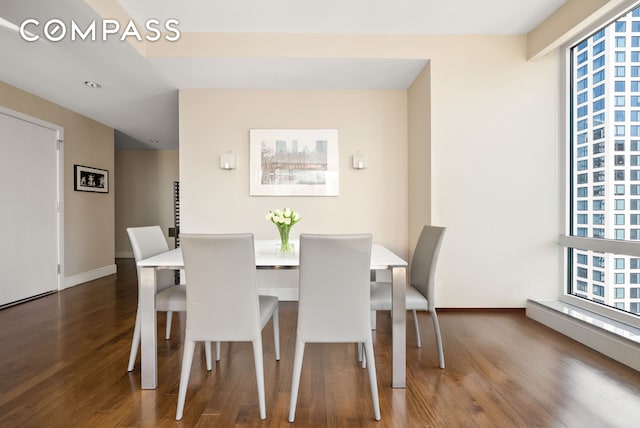dining room featuring wood finished floors, healthy amount of natural light, and baseboards