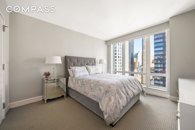 carpeted bedroom with baseboards and a view of city