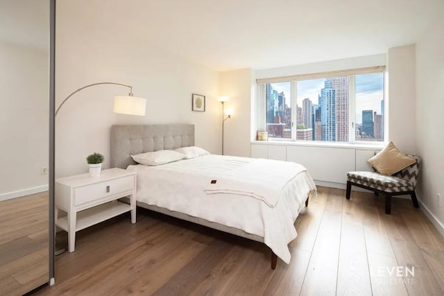 bedroom with wood finished floors, a view of skyline, and baseboards