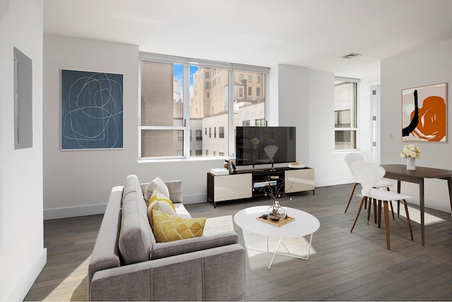 living room featuring wood finished floors, baseboards, and electric panel