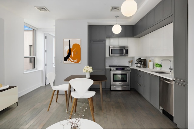 kitchen with appliances with stainless steel finishes, a sink, gray cabinetry, dark wood-style flooring, and decorative backsplash