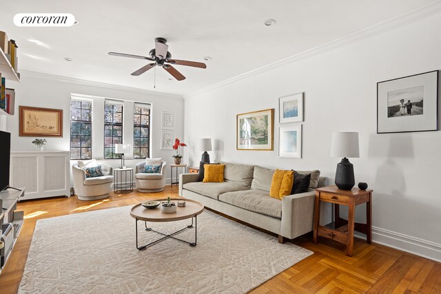 116 Pinehurst Ave Unit R21, New York City, NY 10033 - living area featuring ornamental molding and ceiling fan