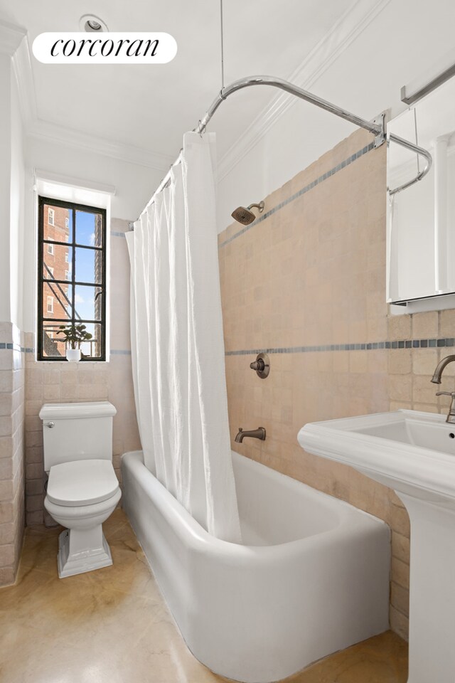 116 Pinehurst Ave Unit R21, New York City, NY 10033 - full bath with tile walls, shower / tub combo, ornamental molding, and tile patterned flooring
