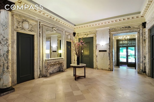 11 W 81st St Unit 6A, New York City, NY 10024 - corridor with ornamental molding and a chandelier