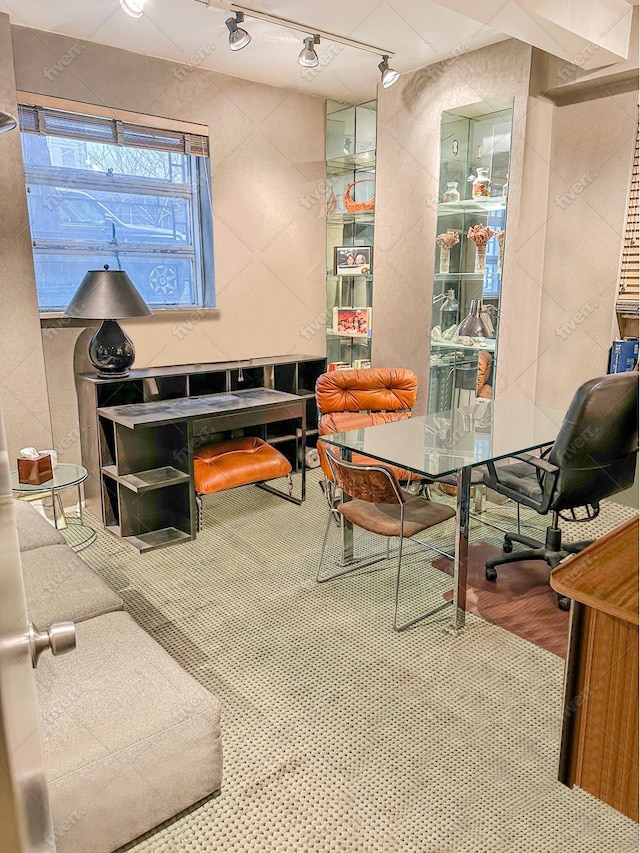 office area featuring tile walls
