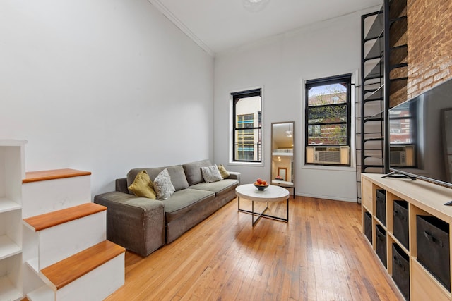 331 E 92nd St Unit 5C, New York City, NY 10128 - living room with crown molding, light wood-type flooring, and cooling unit