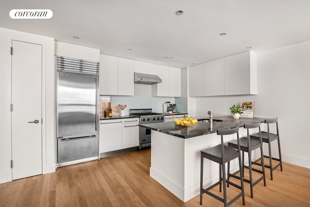kitchen with high end appliances, under cabinet range hood, a sink, a kitchen breakfast bar, and white cabinetry