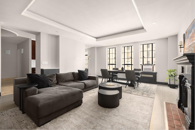 living area with a raised ceiling, a fireplace, wood finished floors, and baseboards