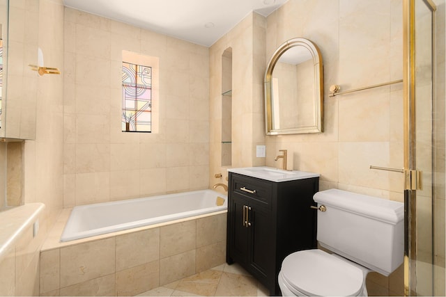 full bath featuring tile walls, toilet, tiled bath, a tile shower, and vanity