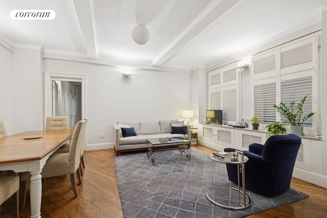 240 W 98th St Unit 3D, New York City, NY 10025 - living room with dark wood finished floors, beamed ceiling, ornamental molding, and baseboards