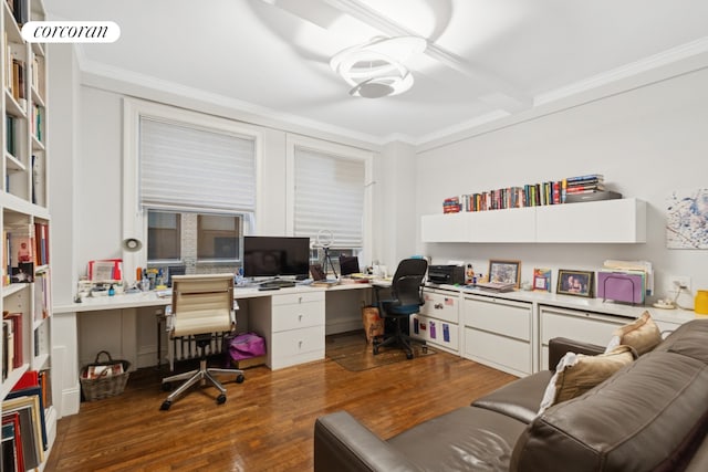 240 W 98th St Unit 3D, New York City, NY 10025 - office area featuring built in desk, ornamental molding, and dark wood-style flooring