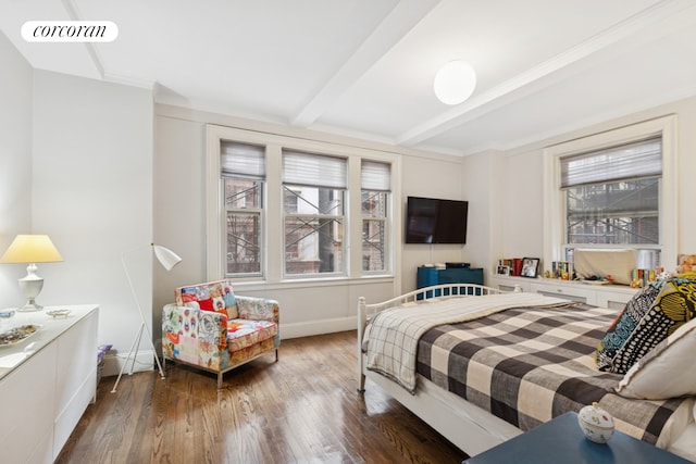 240 W 98th St Unit 3D, New York City, NY 10025 - bedroom with wood finished floors, beamed ceiling, and baseboards