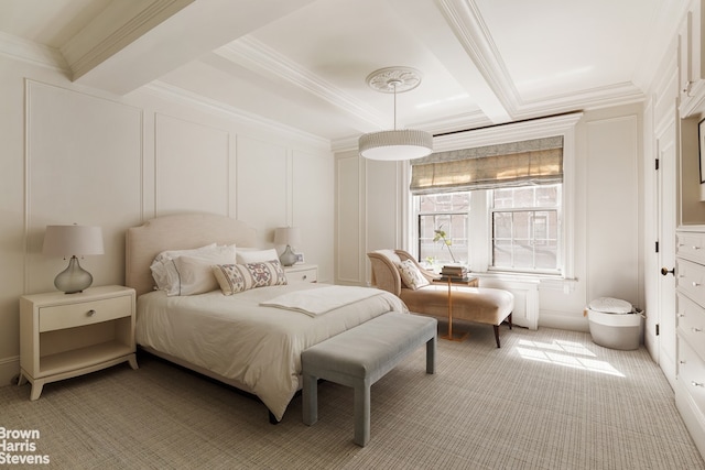 bedroom featuring a decorative wall, light carpet, beamed ceiling, and ornamental molding