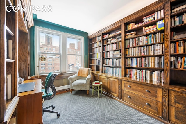 office with bookshelves and carpet flooring