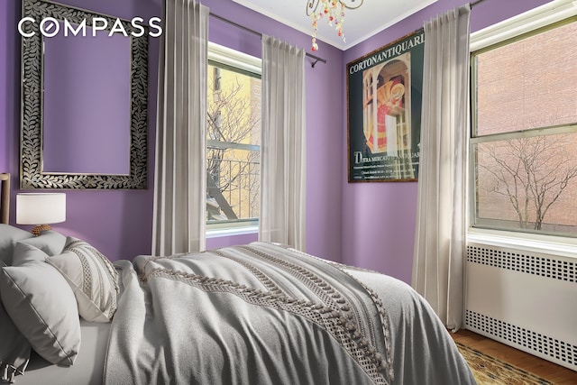 bedroom featuring radiator and wood finished floors