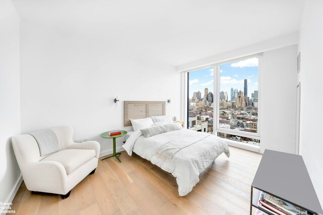 50 Bridge Park Dr Unit 21D, New York City, NY 11201 - bedroom featuring a view of skyline, light wood-type flooring, and baseboards