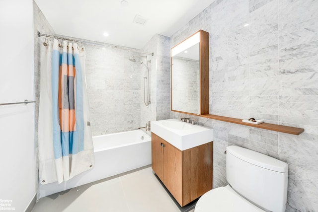 50 Bridge Park Dr Unit 21D, New York City, NY 11201 - bathroom with vanity, shower / bathtub combination with curtain, toilet, tile walls, and tile patterned floors