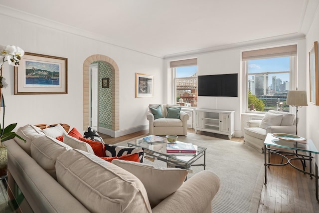 4 Sutton Pl Unit 6/7, New York City, NY 10022 - living room featuring arched walkways, light wood-type flooring, crown molding, and baseboards